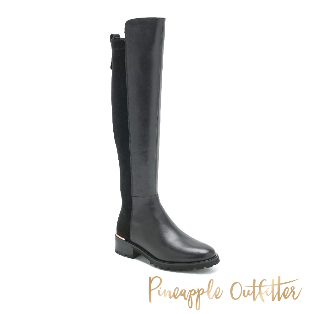 Pineapple Outfitter-LEEZA 真皮拼接低跟過膝套靴-黑色