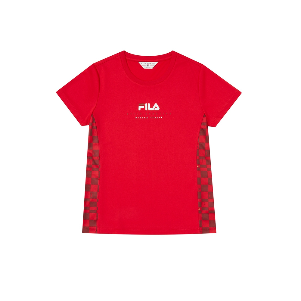 FILA 女吸濕排汗拼接格紋短袖圓領T恤-紅色 5TEY-1742-RD