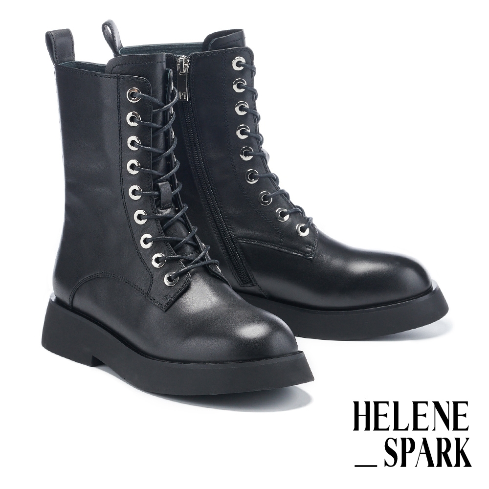 (時尚美靴)短靴 HELENE_SPARK 率性態度HS拉鍊軟牛皮綁帶厚底短靴－黑