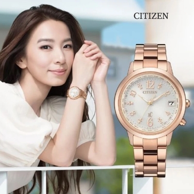 CITIZEN 星辰 xC 亞洲限定款 光動能電波對時 鈦金屬淑女腕錶-玫瑰金36mm CB1107-58A