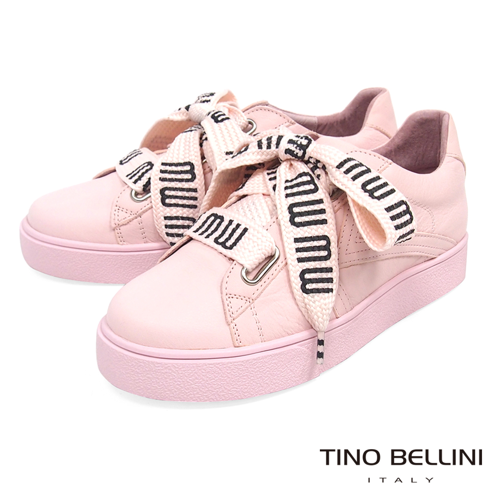 Tino Bellini 清新純色馬卡龍寬版綁帶厚底休閒鞋 _ 粉