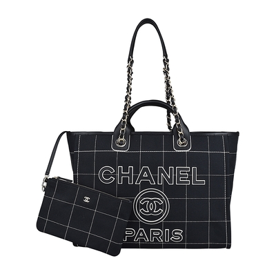 CHANEL DEAUVILLE字母立體LOGO縫線設計帆布磁釦式鏈帶手提斜背托特包(大/黑)