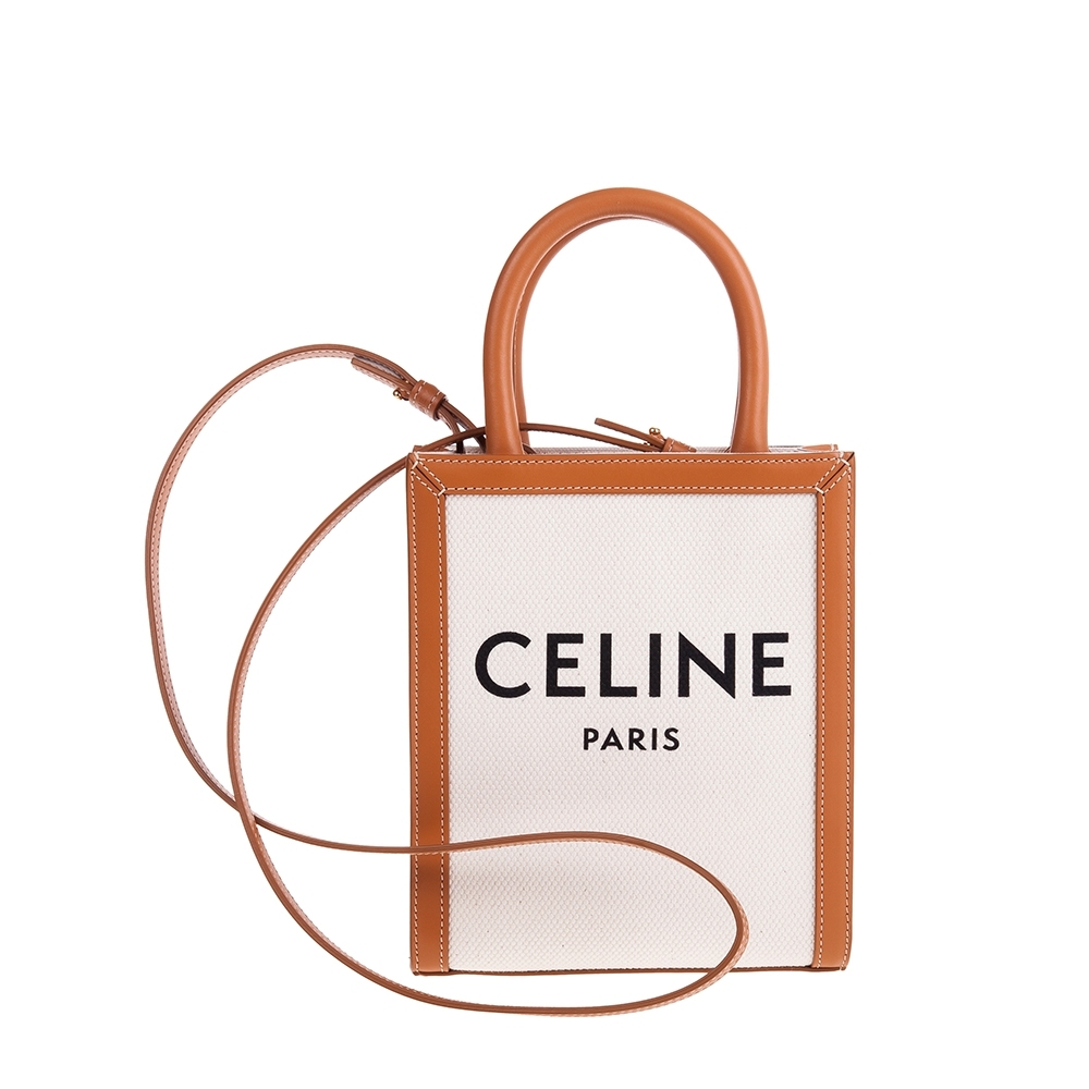 CELINE 新款LOOE印花帆布小牛皮迷你直式CABAS CELINE手提/肩背包 (黃褐色)