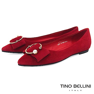 Tino Bellini麂皮珍珠金屬飾扣全真皮平底娃娃鞋_紅