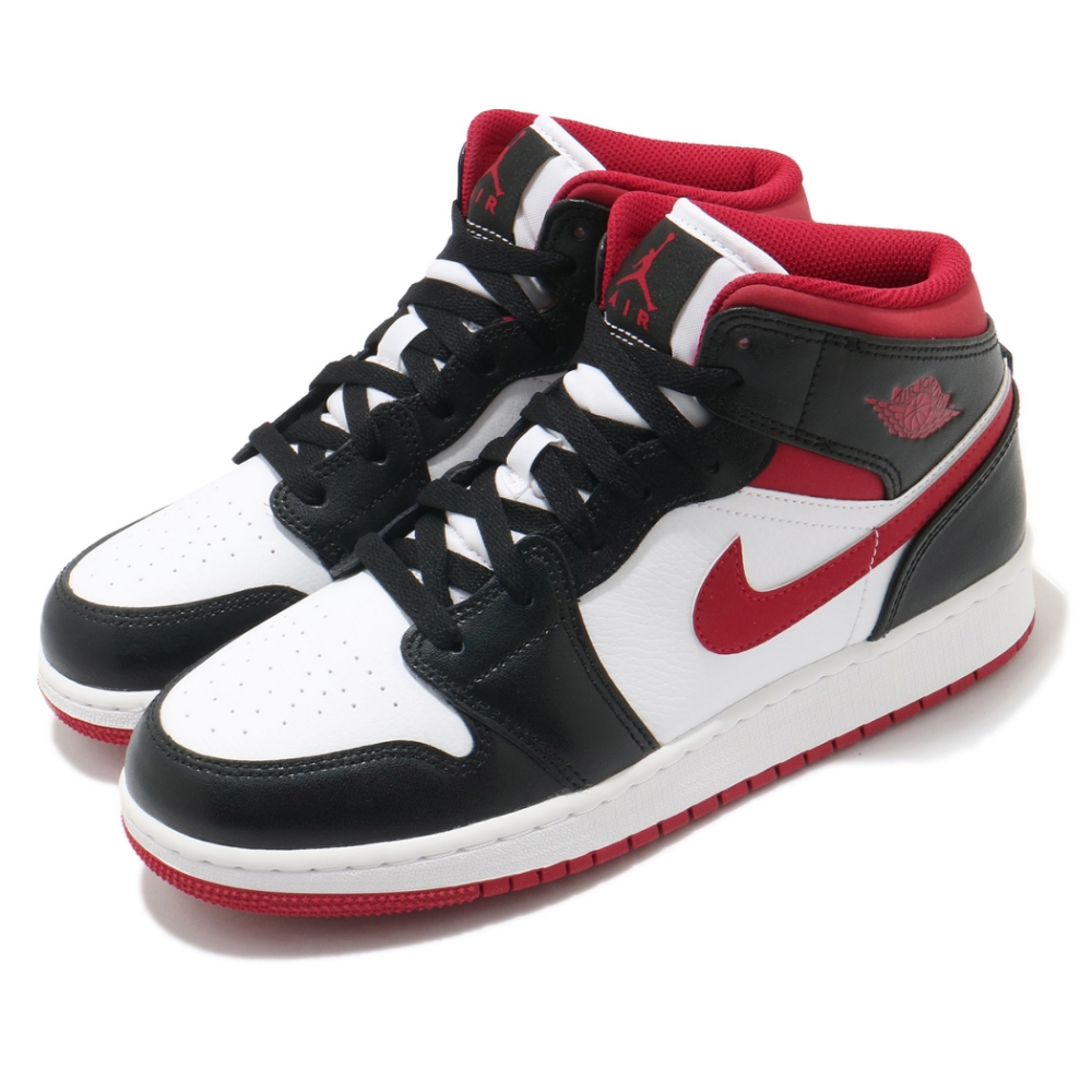 Nike Air Jordan 1代Mid GS 女鞋休閒AJ1 喬丹8孔白黑紅DJ4695122