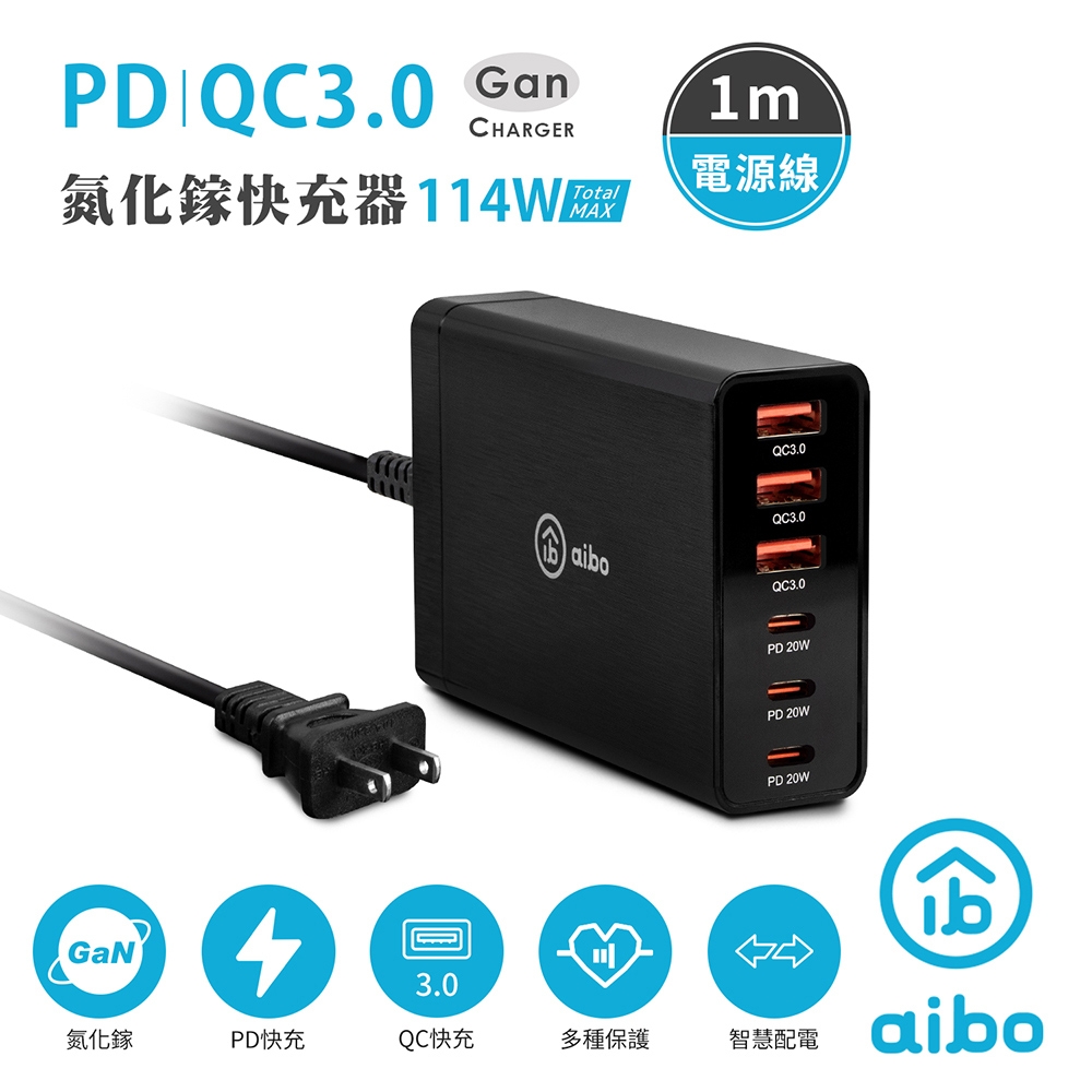 aibo PD+QC GaN氮化鎵六孔PD快充充電器(114W/total) | 充電器