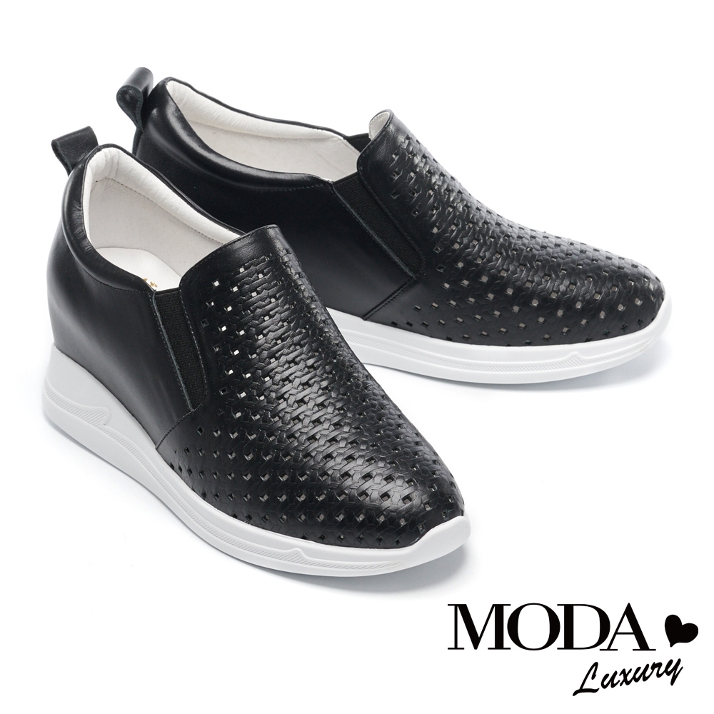 休閒鞋 MODA Luxury 簡約百搭編織造型全真皮內增高休閒鞋－黑