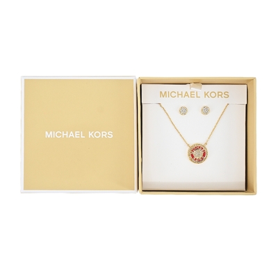 MICHAEL KORS BRASS水鑽LOGO耳環/項鍊禮盒-紅色