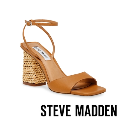 STEVE MADDEN-ROZLYN 方頭繞踝竹編粗跟涼鞋-棕色