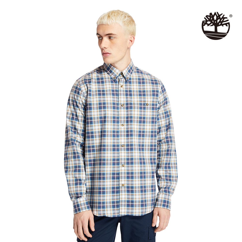 Timberland 霧灰藍休閒格子長袖襯衫|A252H