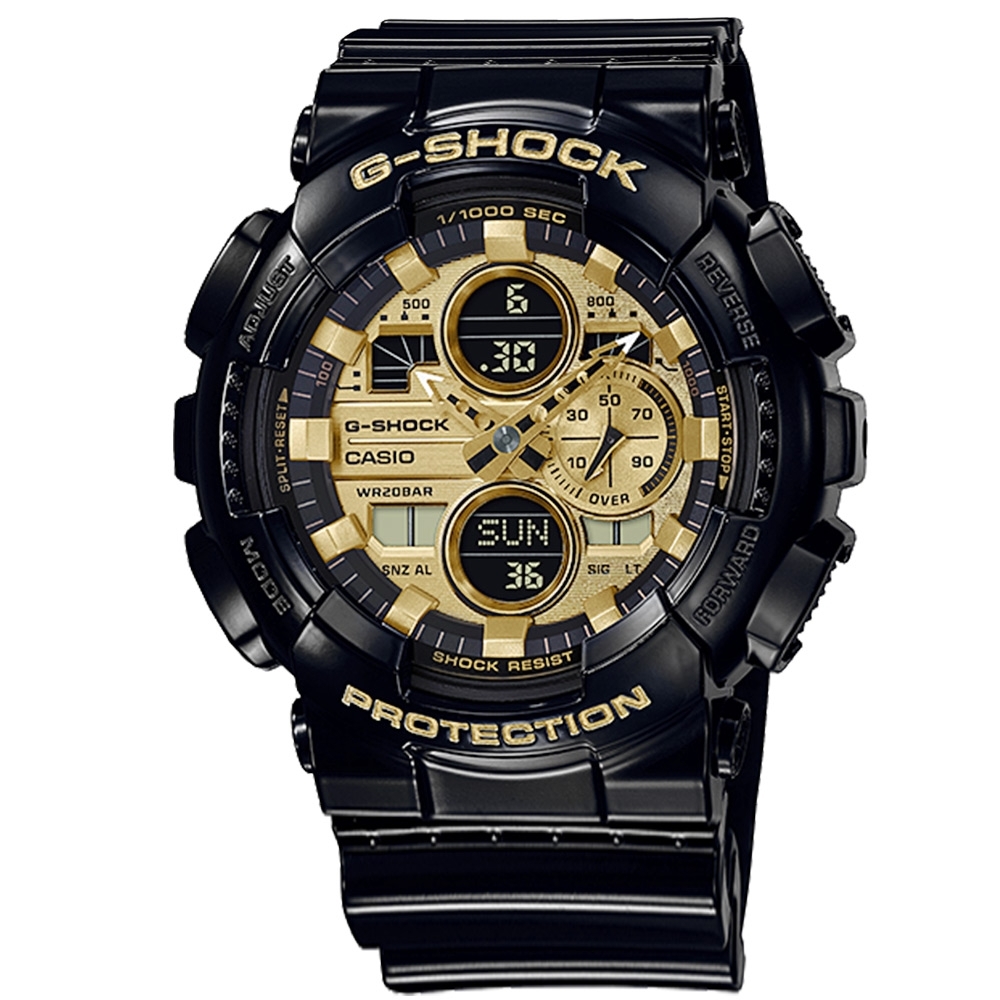 G-SHOCK CASIO 卡西歐 亮黑 雙顯 計時 防水 運動手錶 金x黑 GA-140GB-1A1 51mm