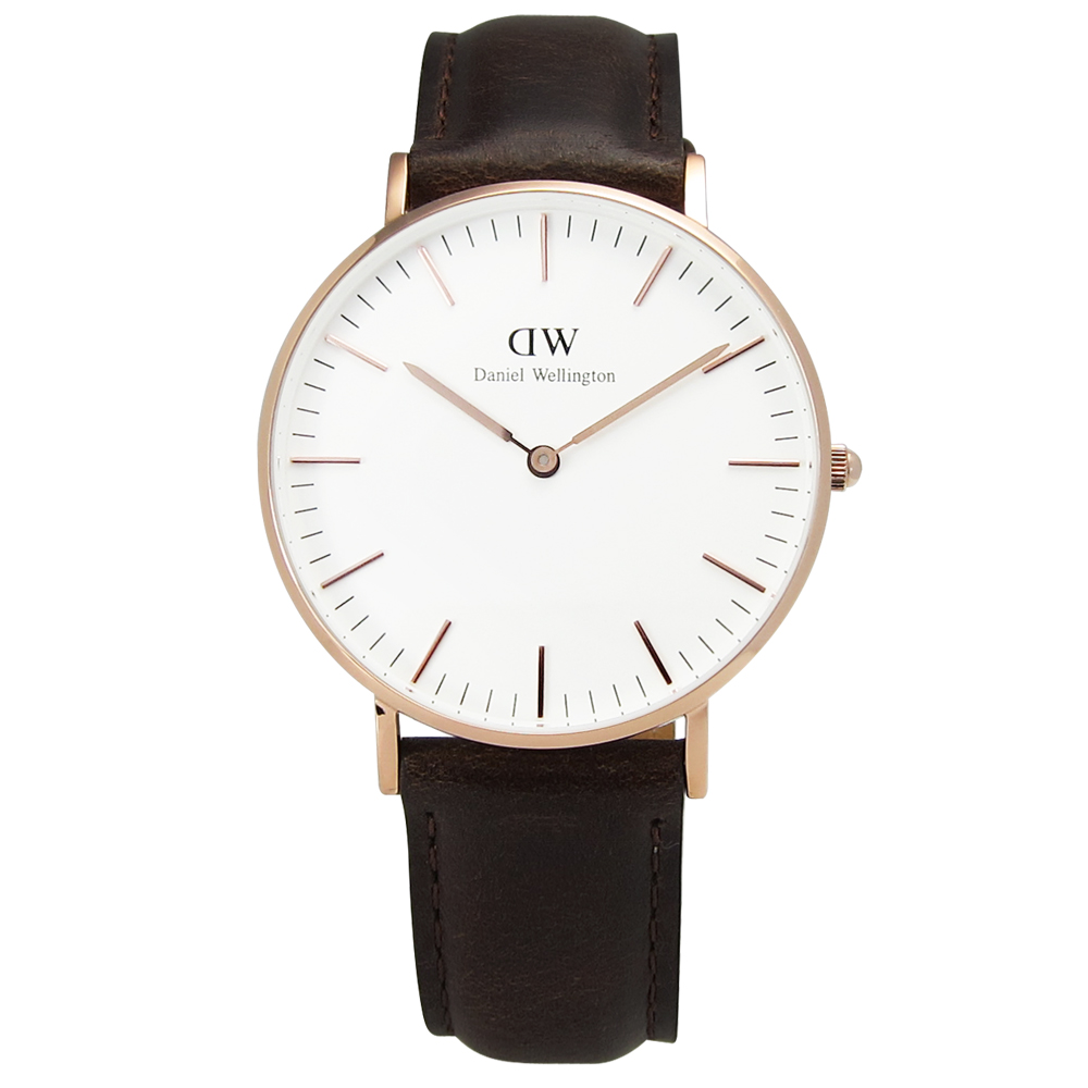 DW Daniel Wellington現代簡約淑女皮革腕錶-玫瑰金框x棕/36mm