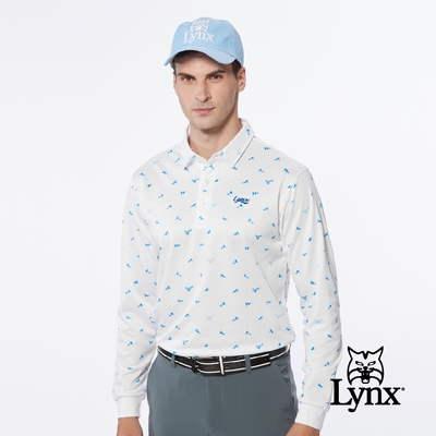 【Lynx Golf】男款吸濕排汗網眼材質滿版旗幟Lynx字樣印花長袖POLO衫-白色