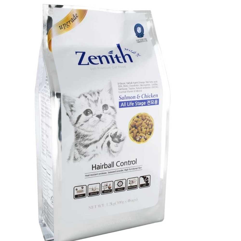 韓國Zenith先利時-頂級低敏化毛貓軟飼料-鮭魚&雞肉 1.2kg(300g x 4ea) 兩包組