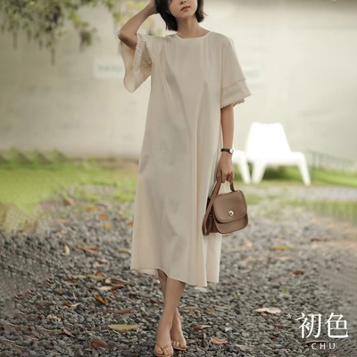 初色 寬鬆直筒圓領雙層短袖休閒連身中長裙洋裝-杏色-68535(M-XL可選)
