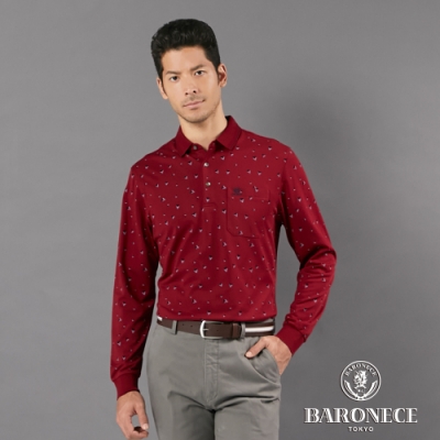 BARONECE 百諾禮士休閒商務 男裝 網眼印花長袖POLO衫--酒紅色(1206266-79)