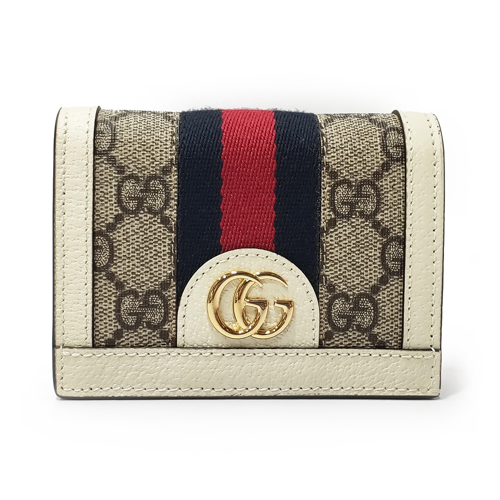 【GUCCI 古馳】523155 經典Ophidia GG印花帆布牛皮飾邊暗釦卡夾/零錢包(白色)