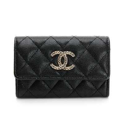 CHANEL CC logo格紋鏤空口蓋卡夾/卡包/信用卡夾（牛皮黑）