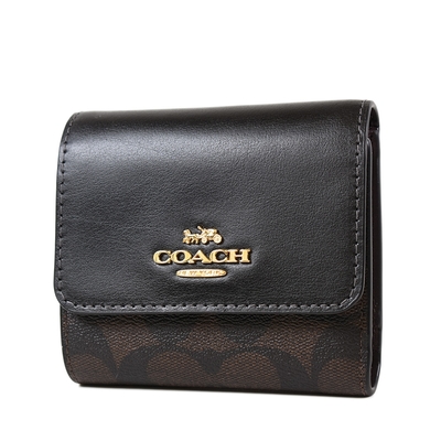 COACH 緹花LOGO防刮皮革三折釦式短夾-咖啡色