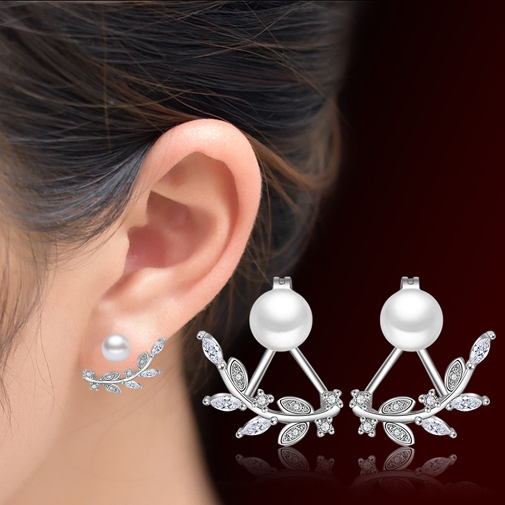 I.Dear飾品-正白K-葉來香-韓國垂墜樹葉鑲鑽造型珍珠銀色耳針耳環DB49