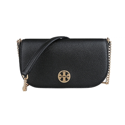 TORY BURCH Chelsea經典金屬LOGO荔枝紋皮革翻蓋吸扣小斜背包(黑)