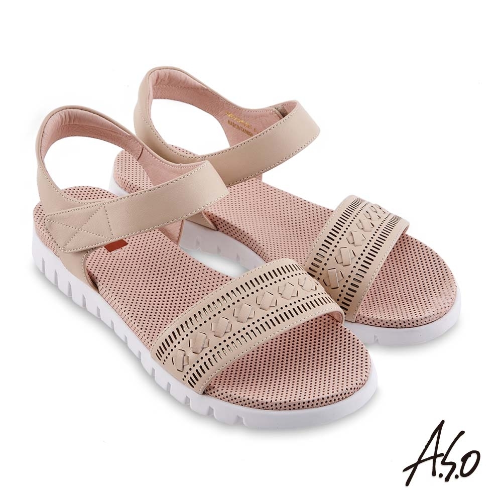 A.S.O 機能休閒 夏季輕量沖孔內襯金箔皮料休閒涼鞋-卡其