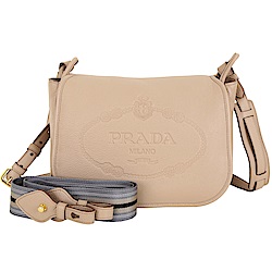 PRADA 經典徽章浮刻附雙背帶小牛皮肩背包(豆沙色)