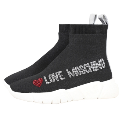 LOVE MOSCHINO 字母貼鑽彈性面料高筒襪套運動鞋(黑色)