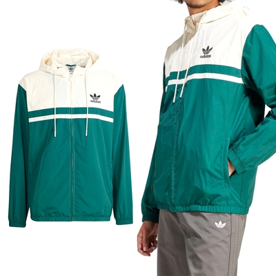 Adidas Windbreaker 男款 白綠色 百搭 拼接 連帽 拉鍊 運動 休閒 外套 IU0201