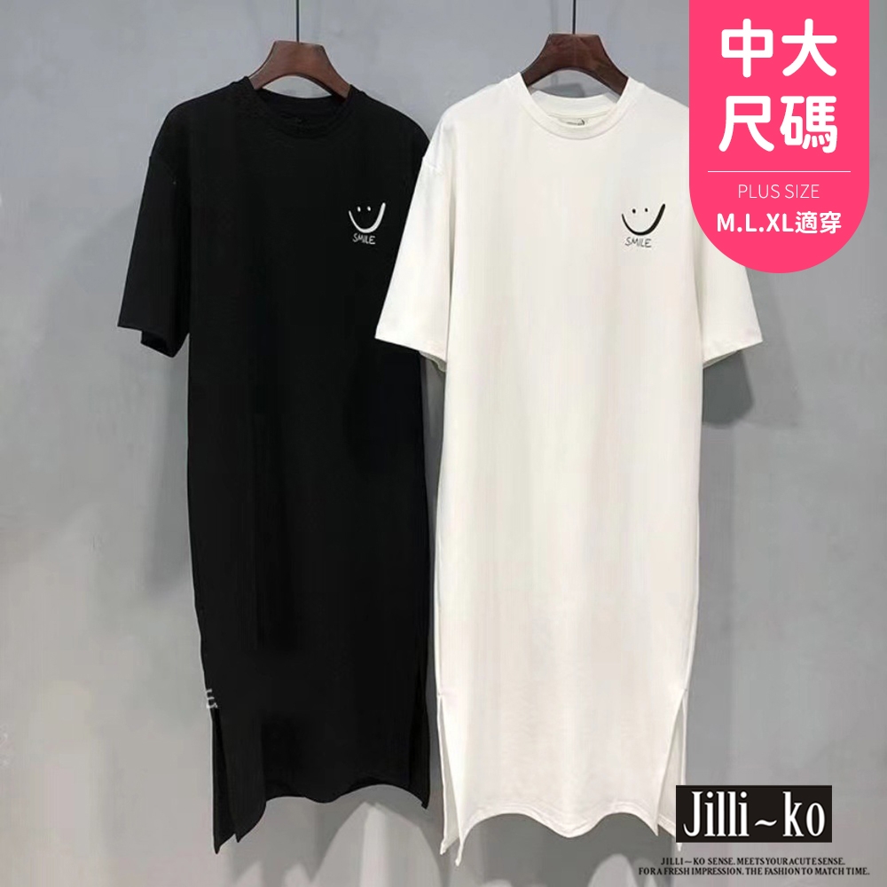 JILLI-KO 學院風印花寬鬆開衩T恤連衣裙中大碼- 白/黑