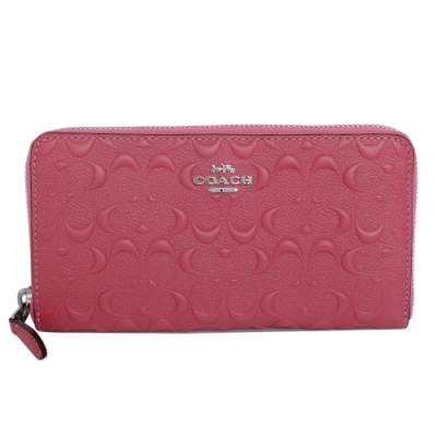 COACH梅紅浮雕C Logo防刮全皮拉鍊長夾