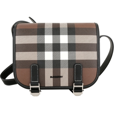 BURBERRY Check 格紋環保帆布斜背信差包(深樺木棕)