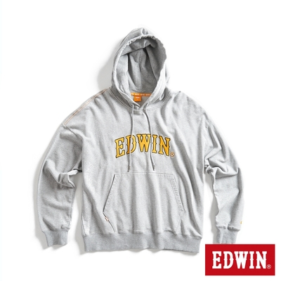 EDWIN 橘標 寬版貼布大LOGO連帽長袖T恤-男-麻灰色