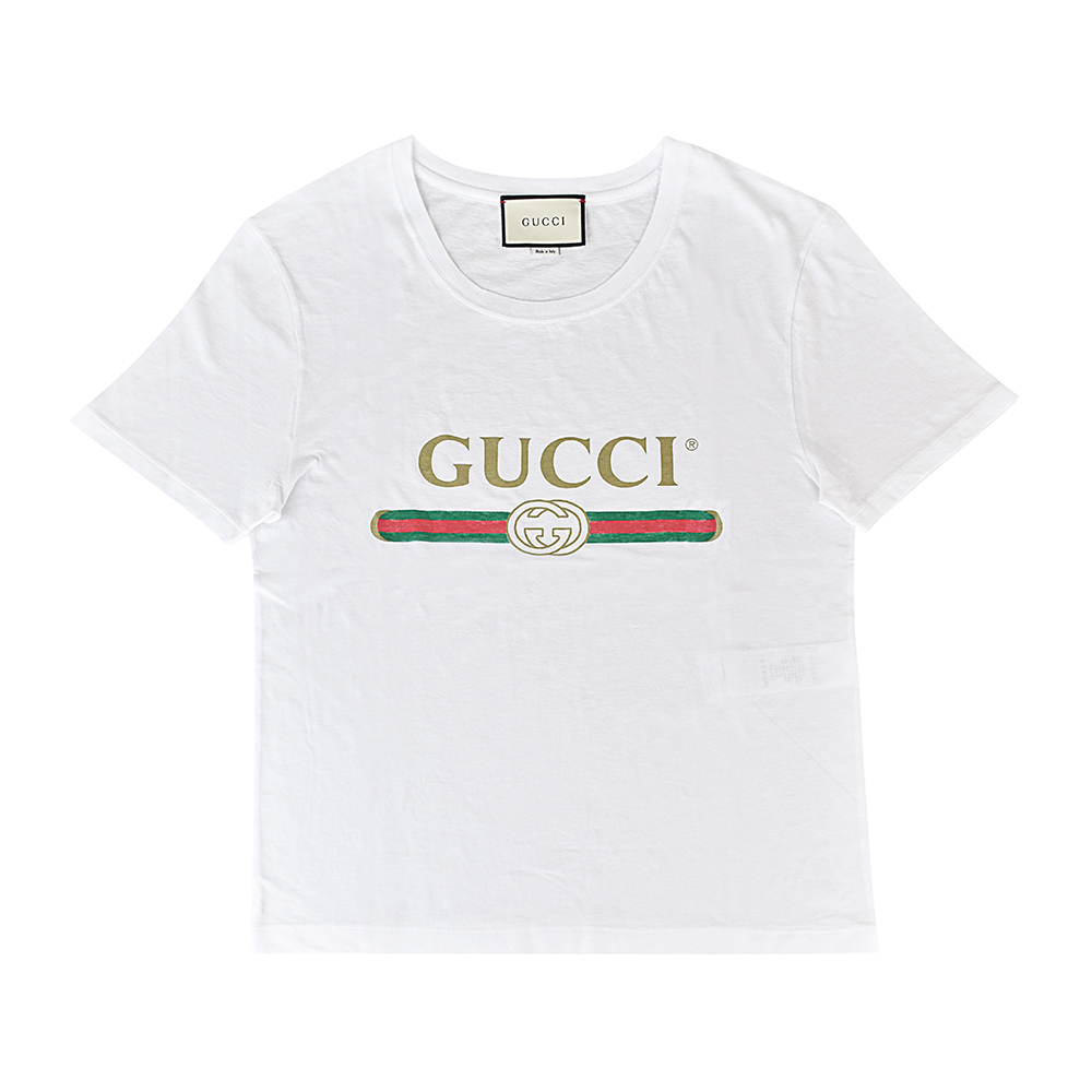 GUCCI經典復古綠紅綠印花LOGO純棉T卹(白)