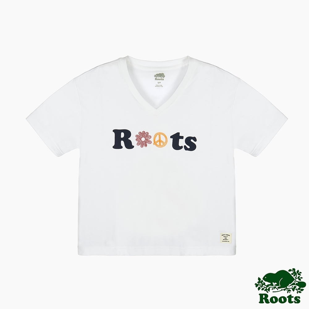 Roots 女裝- 環保有機棉系列 愛地球V領寬短版T恤-白色