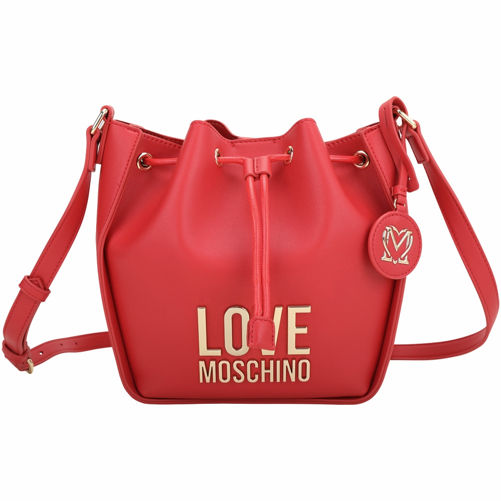 LOVE MOSCHINO 金屬字母束口皮革斜背水桶包(紅色)