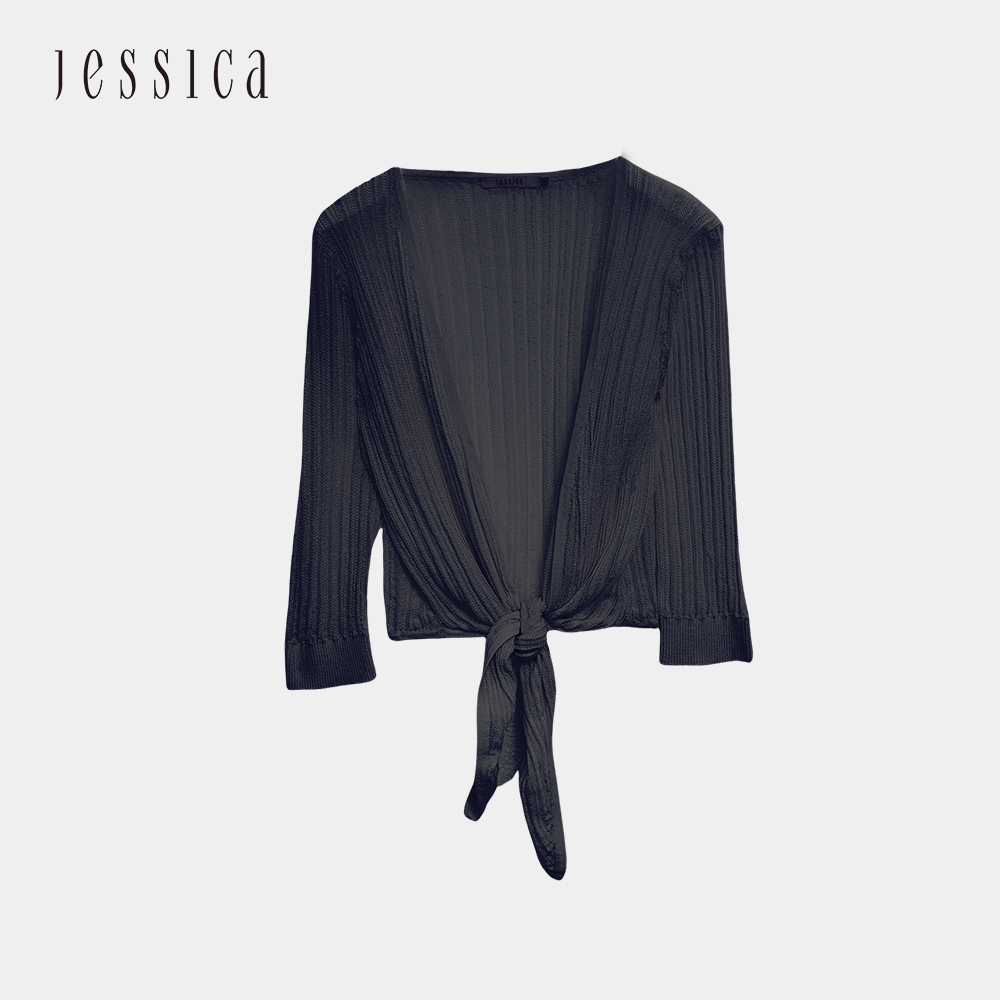 JESSICA - 經典百搭亞麻混紡透氣鏤空綁帶針織開衫223340（黑）