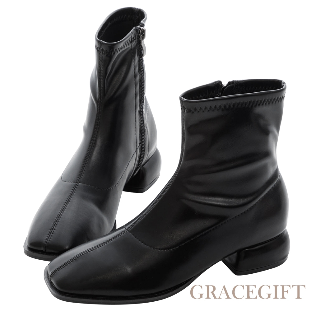 【Grace Gift】簡約百搭方頭襪靴 黑