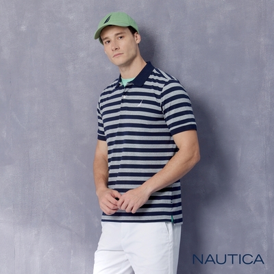 Nautica 男裝 經典時尚條紋短袖POLO衫-藍灰色