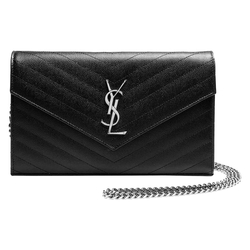 YSL MONOGRAM系列V字縫線魚子醬牛皮金屬LOGO銀鍊手提/肩背包(黑)