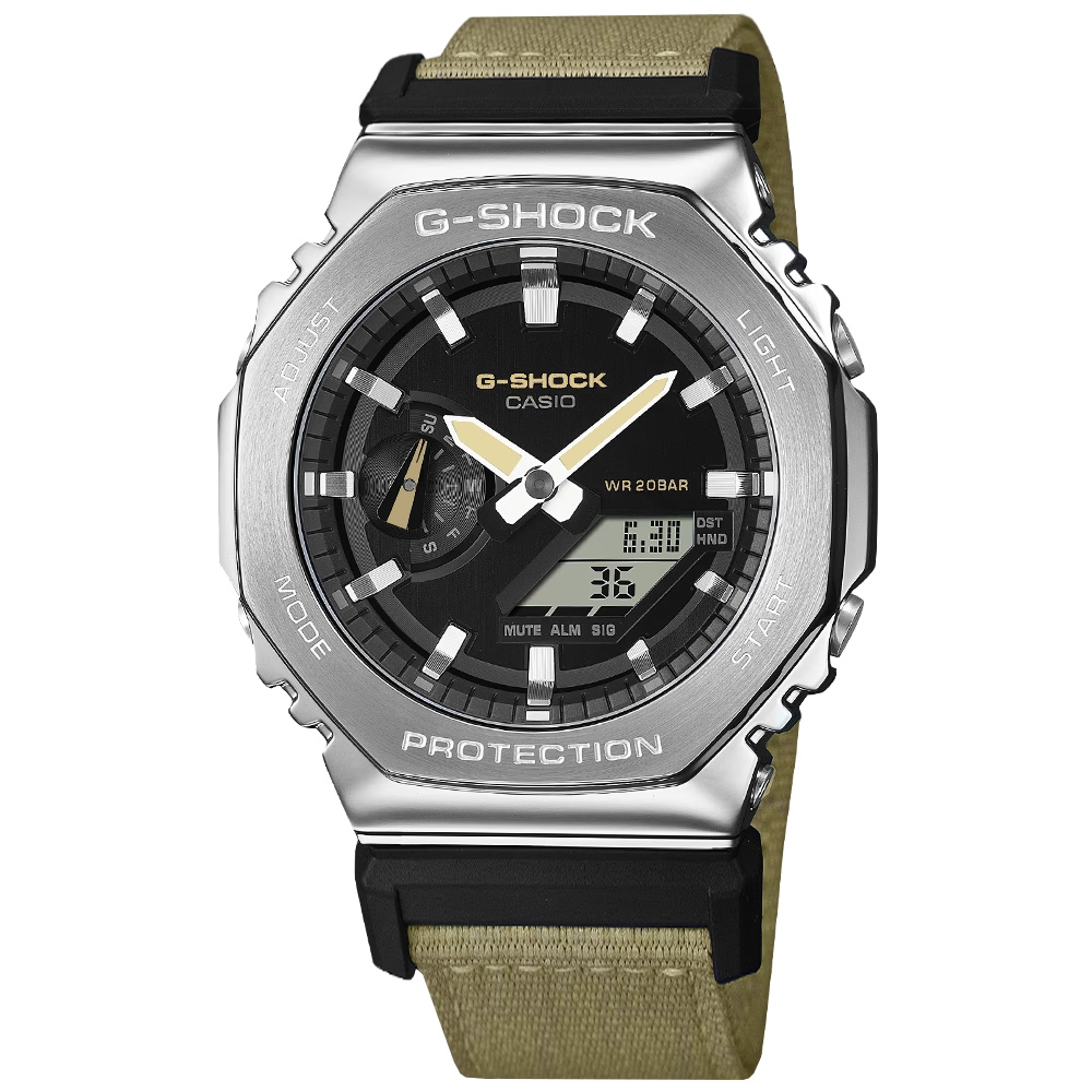 G-SHOCK CASIO 卡西歐 / 軍事風格 八角金屬 雙顯 防水 帆布手錶-黑x銀框x卡其/45mm