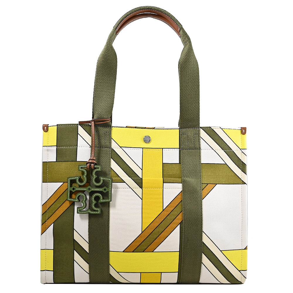 TORY BURCH Tory Tote 幾何印花帆布拼接肩背托特包/購物包(米/綠)