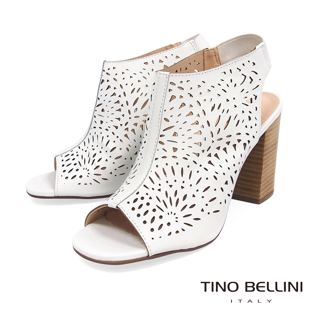 Tino Bellini 巴西進口綻放花火鏤空皮雕高跟魚口涼鞋 _ 白