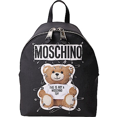 MOSCHINO 中型 別針泰迪熊印花後背包(黑色)