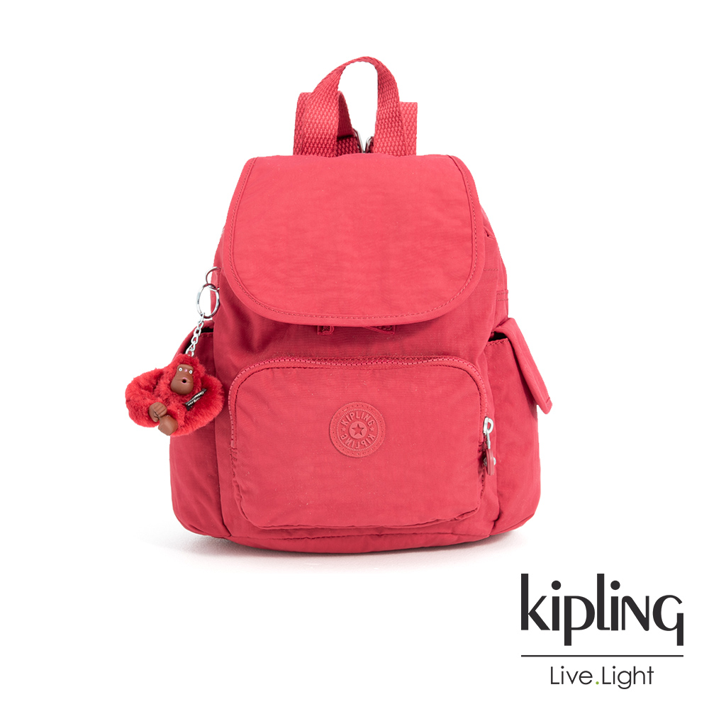 Kipling 燦爛緋紅拉鍊掀蓋後背包-CITY PACK MINI