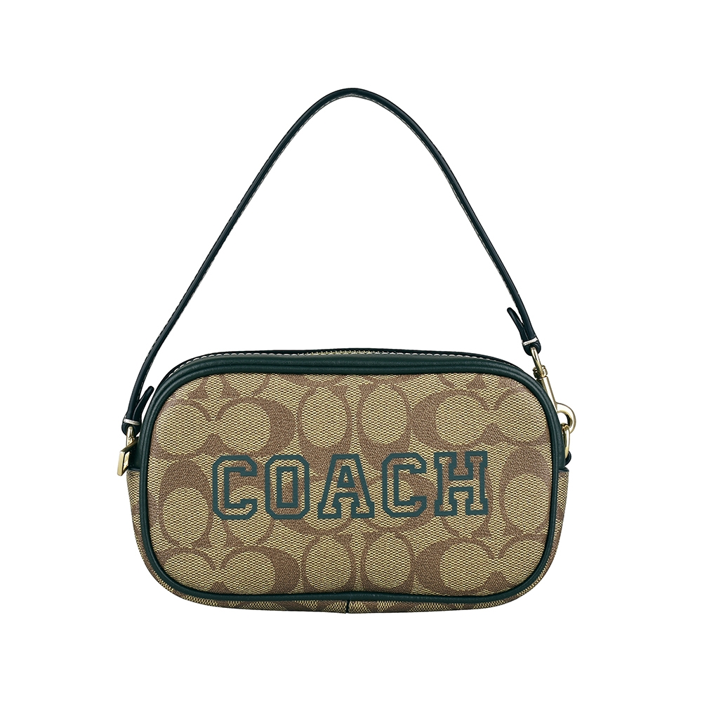 COACH Jamie印字LOGO緹花PVC拼牛皮拉鍊手提包(卡其x綠)