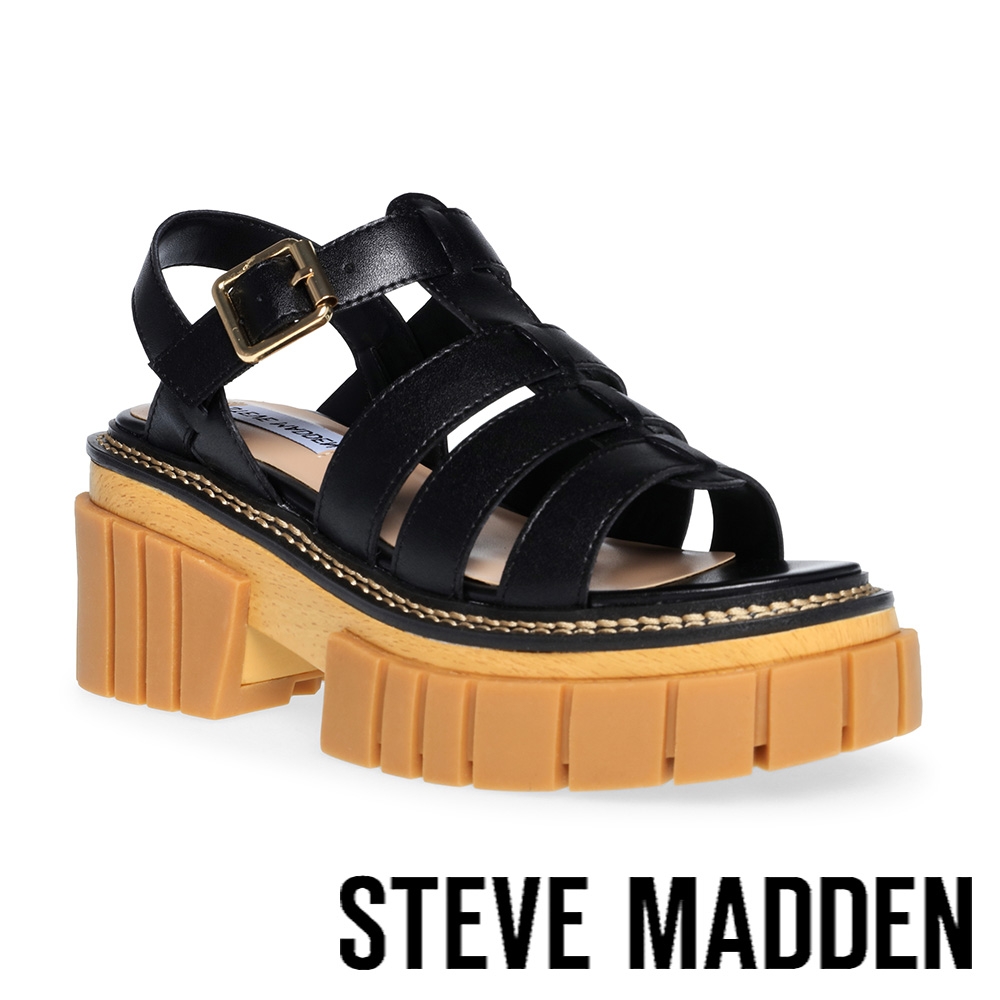 STEVE MADDEN-HALT 真皮厚底休閒涼鞋-黑色