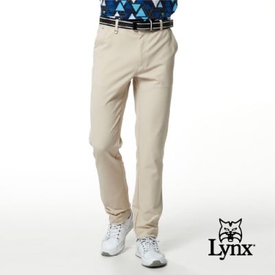 【Lynx Golf】男款彈性舒適斜邊剪接設計素面窄管平口休閒長褲-卡其色
