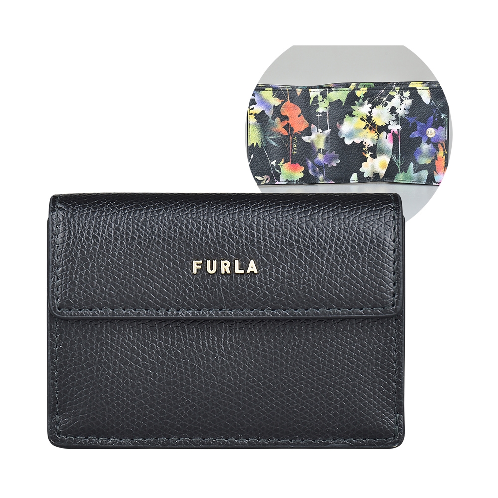 FURLA BABYLON金字LOGO牛皮搭配花卉設計內裡3卡扣式短夾(小/黑x多色)