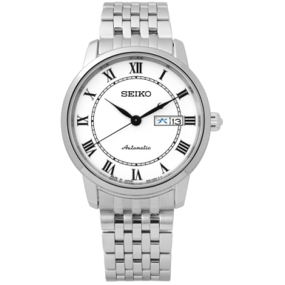 SEIKO 精工 PRESAGE 自動上鍊 藍寶石水晶 不鏽鋼機械手錶-白/39mm